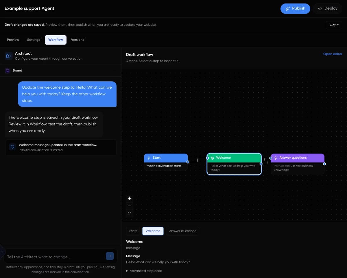 Architect Studio in dark mode, Workflow with Start, Welcome, and Answer questions steps and the selected welcome message